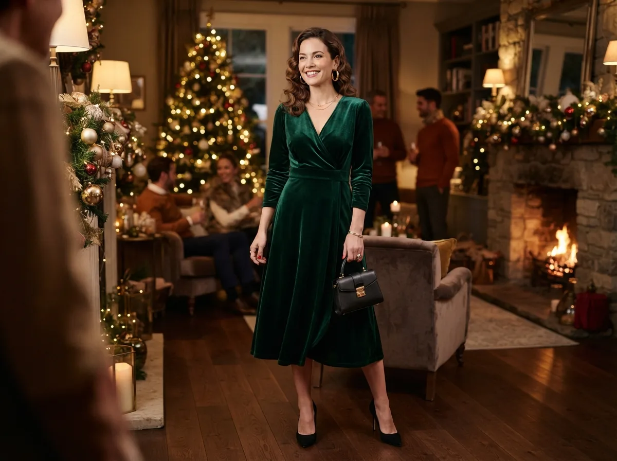 Emerald Green Velvet Dress — 18 Christmas Party Outfit Ideas That Will Turn Heads — image 02