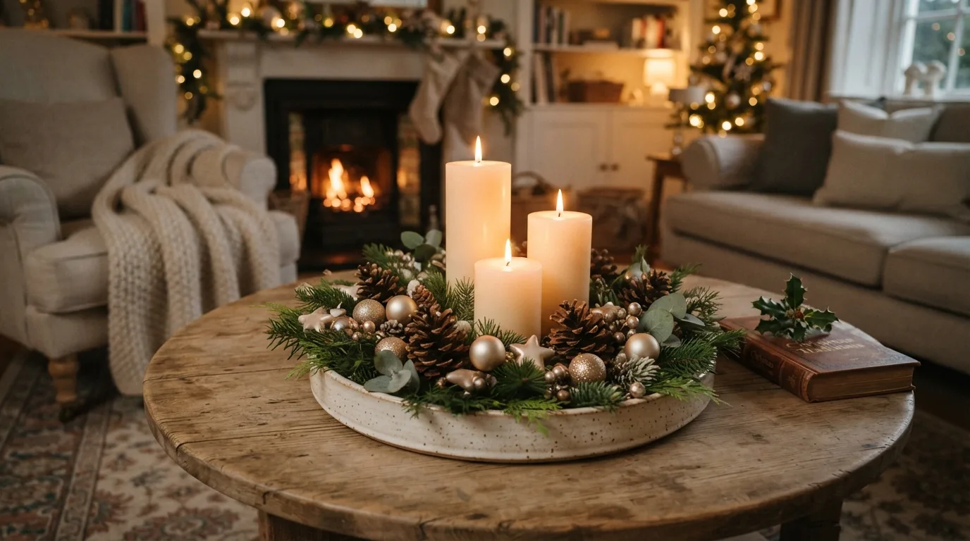 Cozy Candlelight Coffee Table Display — 14 Cozy Christmas Coffee Table Decor Ideas You'll Love — image 03