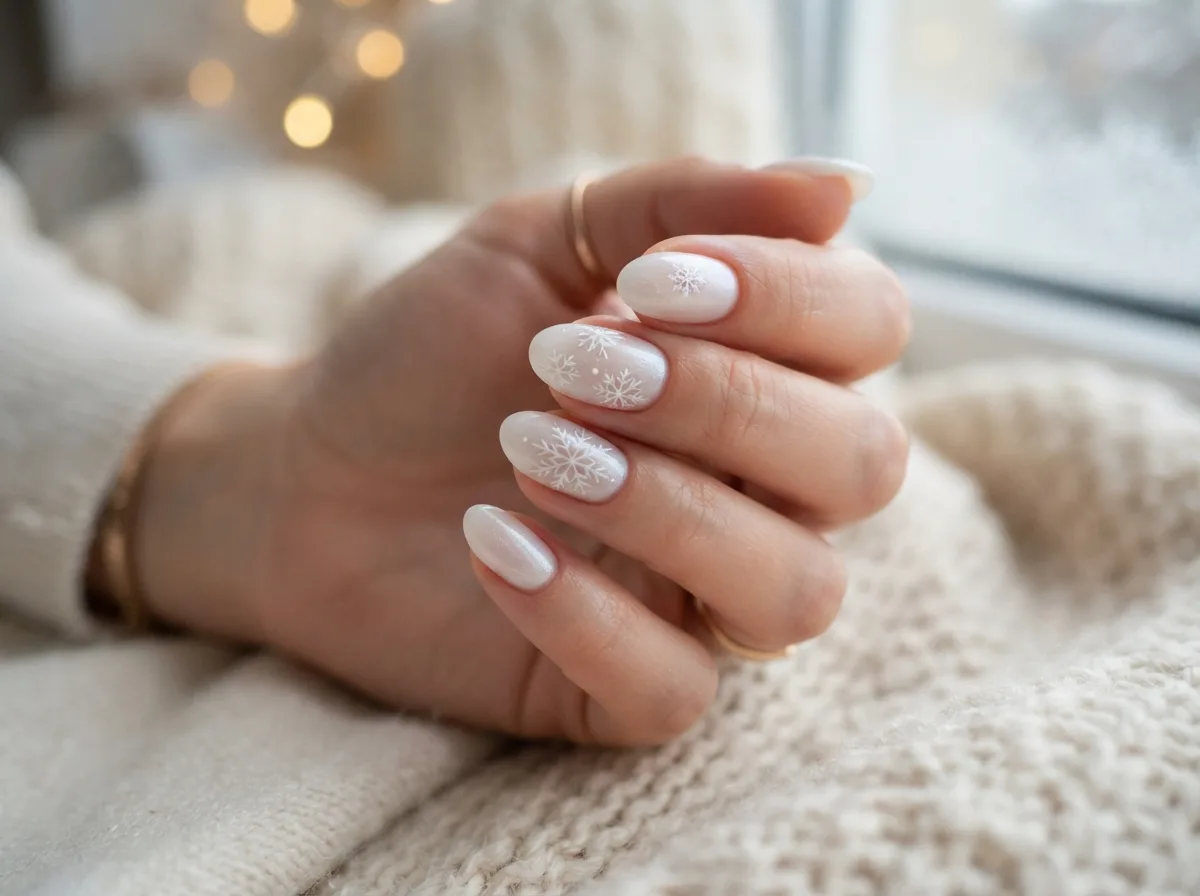 Milky White Snowflake Nails — 16 Cozy Snowflake Nail Ideas for the Perfect Winter Vibe — image 03