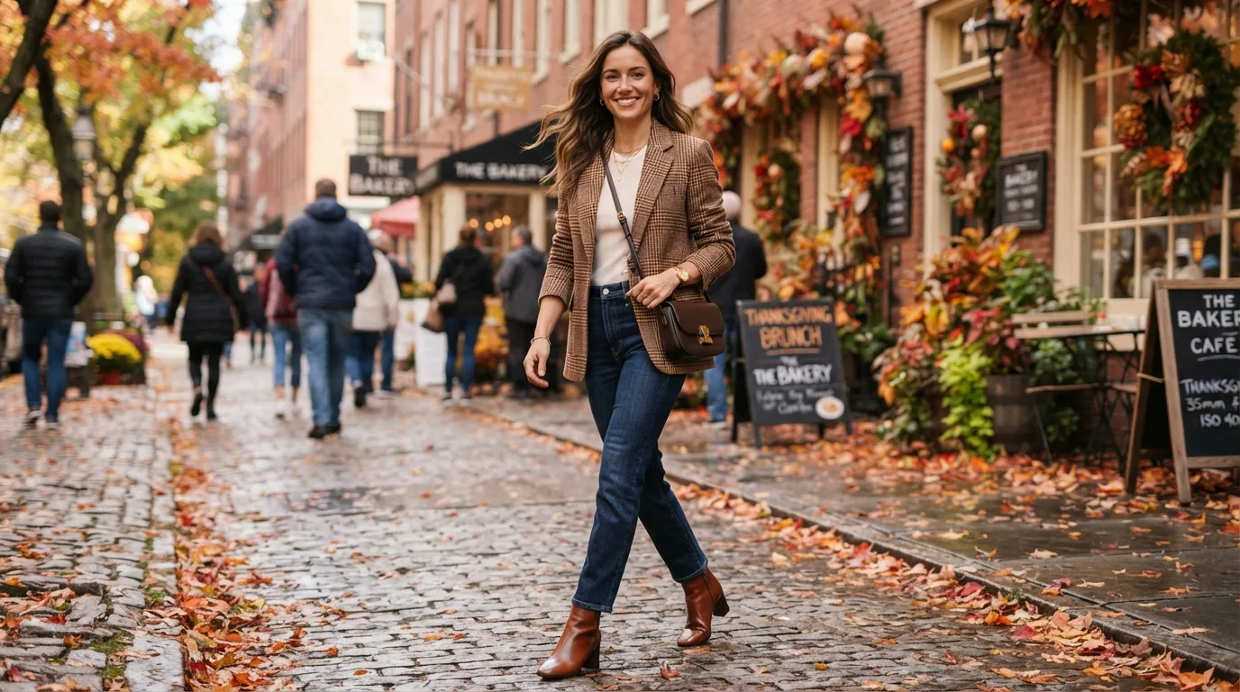 Plaid Blazer and Dark-Wash Jeans — 17 Thanksgiving Outfit Ideas You'll Actually Want to Wear — image 03