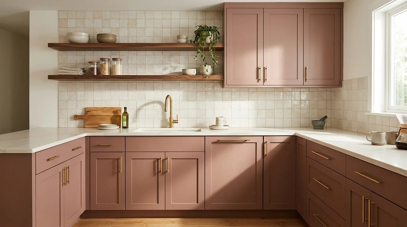 Dusty Rose Kitchen With Brass Hardware — 14 Stunning Pink Kitchen Design Ideas for a Warm and Stylish Home — image 03