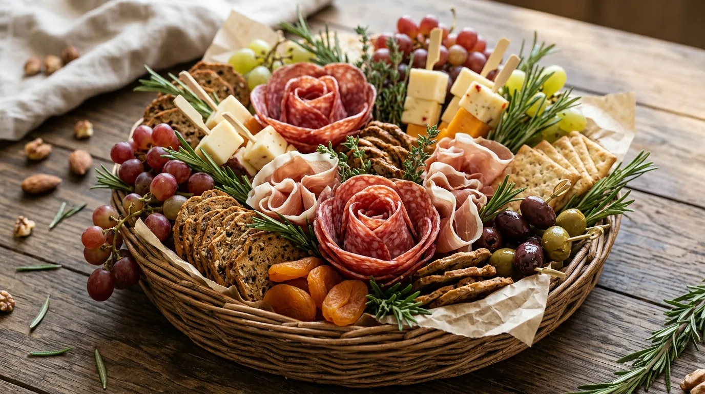 Rustic Charcuterie Bouquet in a Basket — 18 Charcuterie Bouquet Ideas for Cozy Winter Gatherings — image 03