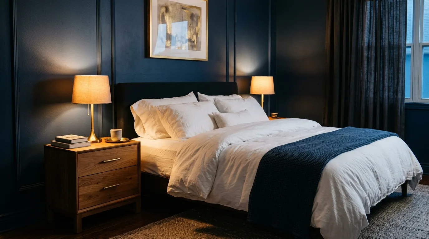 Moody Navy Blue Bedroom With Warm Lighting — 15 Dark and Moody Bedroom Ideas for a Cozy Winter Ambiance — image 03
