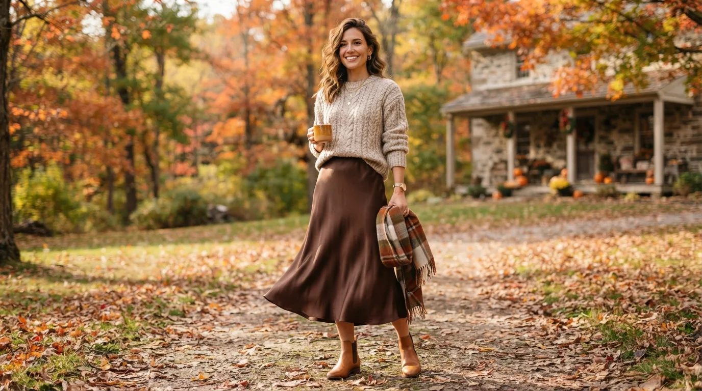 Chunky Knit Sweater and Satin Midi Skirt — 17 Thanksgiving Outfit Ideas You'll Actually Want to Wear — image 04