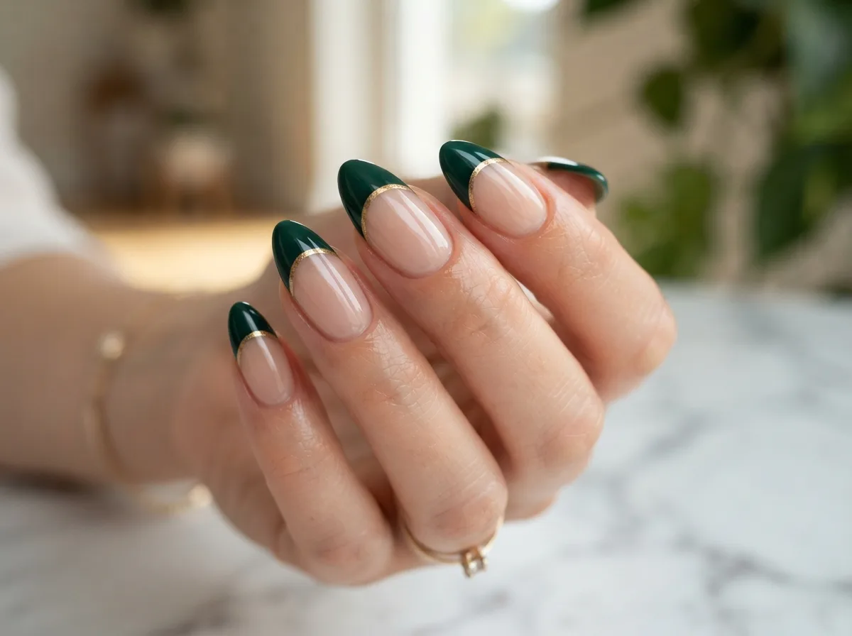 Green French Tips With Gold Accents — 16 French Christmas Nail Ideas for Effortless Elegance — image 04