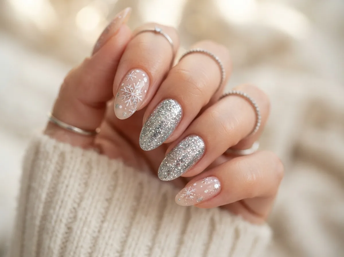 Silver Glitter Snowflake Nails — 16 Cozy Snowflake Nail Ideas for the Perfect Winter Vibe — image 04