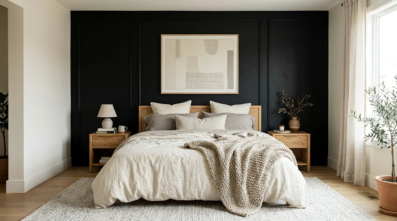Black Accent Wall With Soft Neutral Bedding — 15 Dark and Moody Bedroom Ideas for a Cozy Winter Ambiance — image 04
