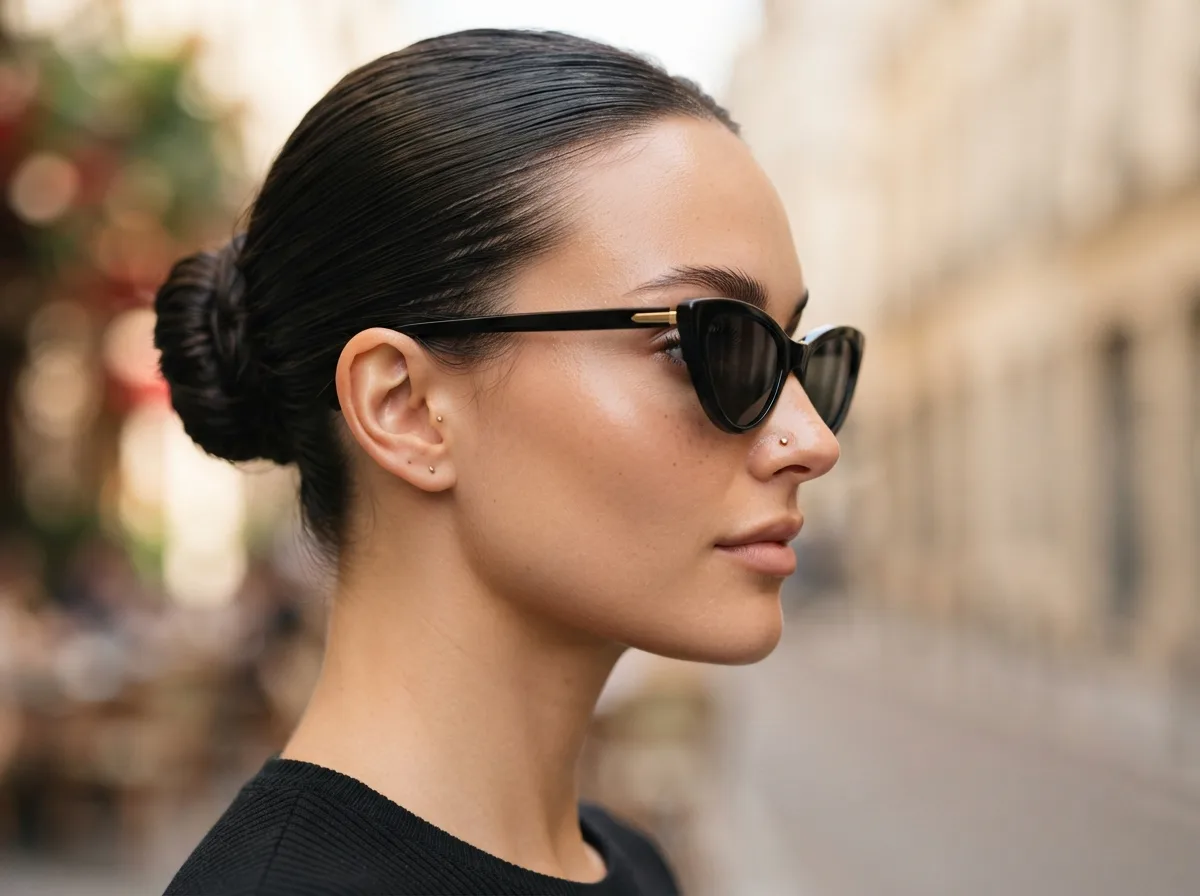 Balance Cat-Eye Sunglasses With Delicate Piercings — 15 Tips for Pairing Piercing Jewelry With Your Sunglasses Style — image 05