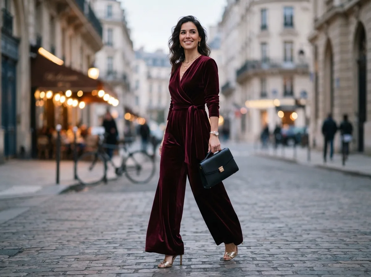 Burgundy Velvet Jumpsuit — 18 Christmas Party Outfit Ideas That Will Turn Heads — image 05