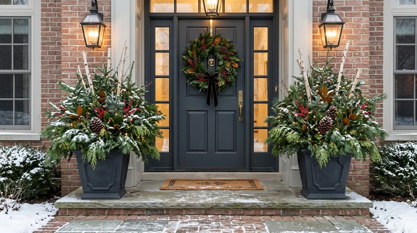 Add Evergreen Planters Beside the Front Door — 17 Cozy Front Porch Ideas for Relaxing Winter Evenings — image 05
