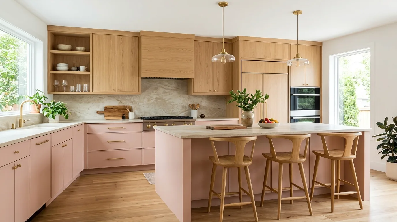 Pink Kitchen Cabinets With Natural Wood — 14 Stunning Pink Kitchen Design Ideas for a Warm and Stylish Home — image 05