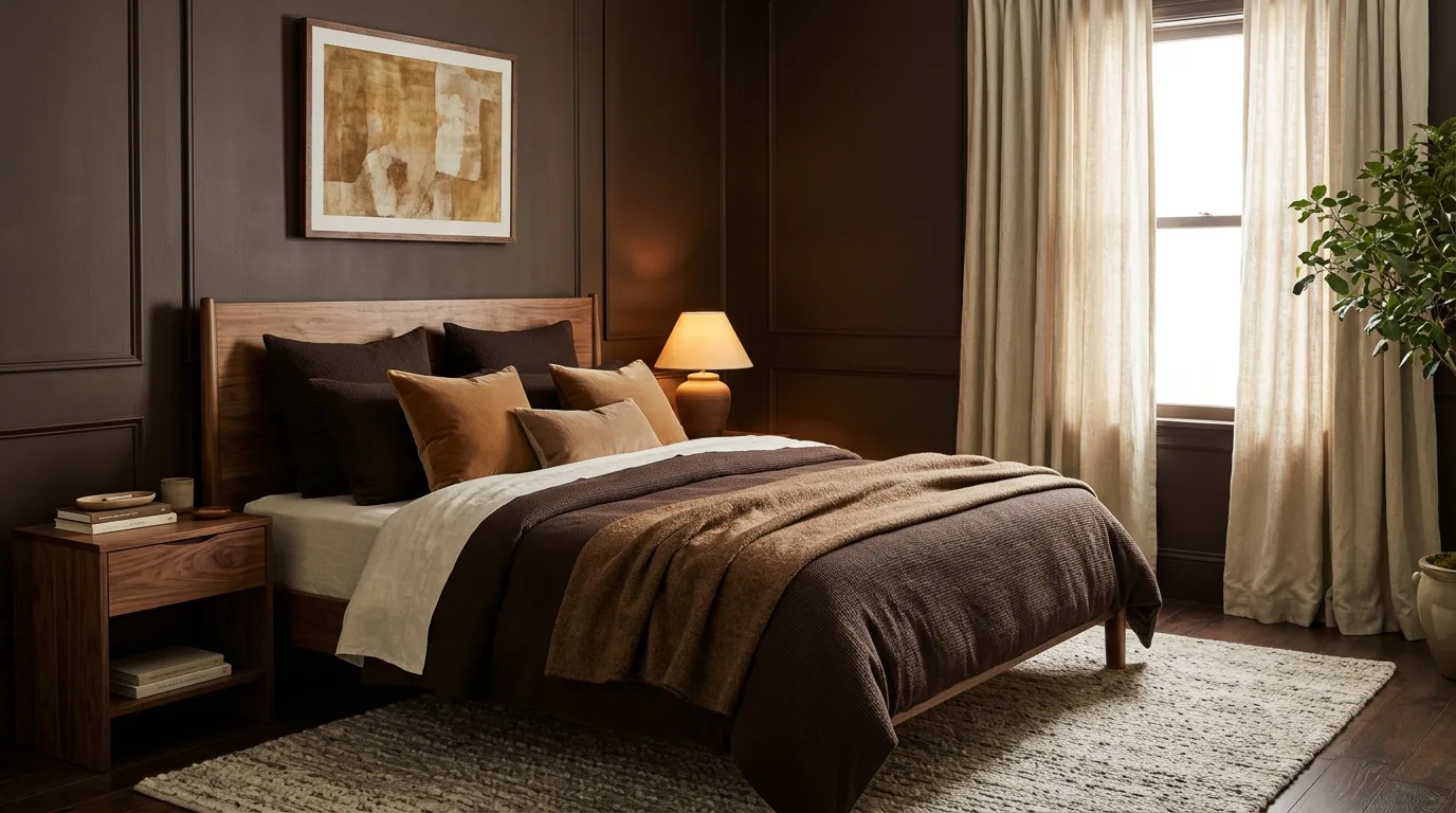 Chocolate Brown Bedroom With Natural Wood — 15 Dark and Moody Bedroom Ideas for a Cozy Winter Ambiance — image 05