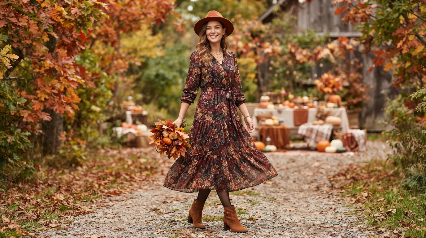 Floral Midi Dress With Ankle Boots — 17 Thanksgiving Outfit Ideas You'll Actually Want to Wear — image 06