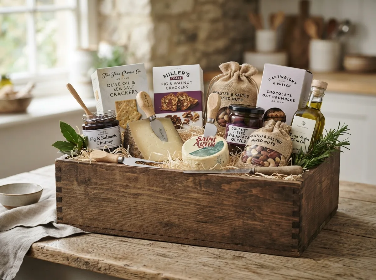 Gourmet Food and Cheese Gift Basket — 15 DIY Christmas Gift Basket Ideas Perfect for Anyone — image 06