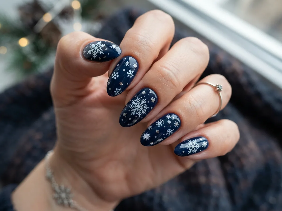 Navy Blue Snowflake Nails — 16 Cozy Snowflake Nail Ideas for the Perfect Winter Vibe — image 06