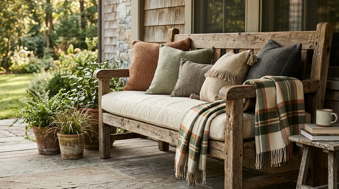 Style a Rustic Wooden Bench — 17 Cozy Front Porch Ideas for Relaxing Winter Evenings — image 06