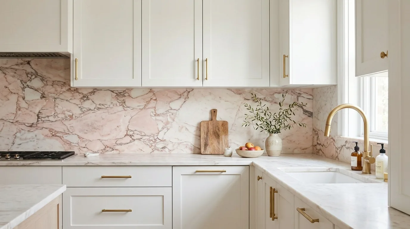 Elegant Pink Marble Backsplash — 14 Stunning Pink Kitchen Design Ideas for a Warm and Stylish Home — image 06