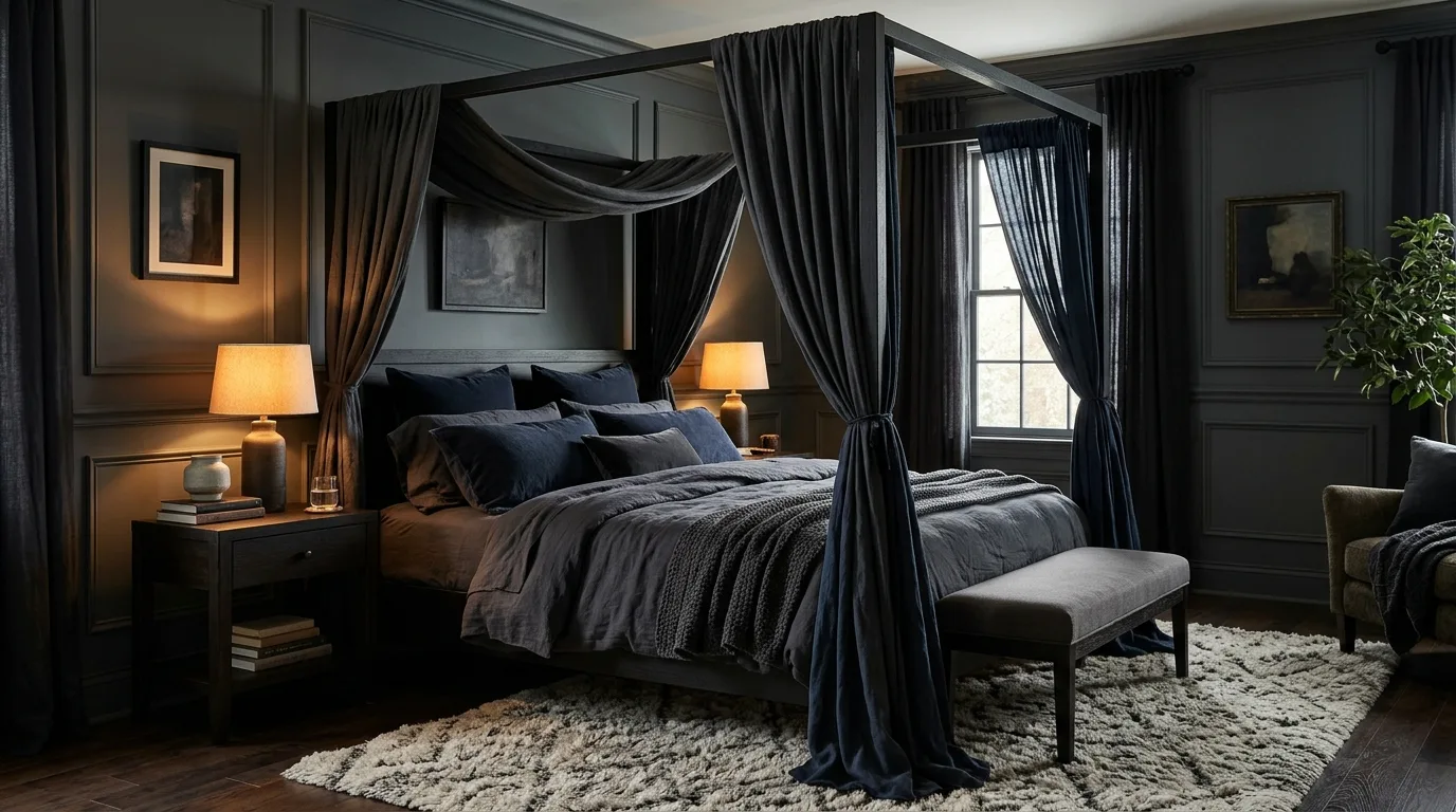 Cozy Canopy Bed With Dark Drapery — 15 Dark and Moody Bedroom Ideas for a Cozy Winter Ambiance — image 06