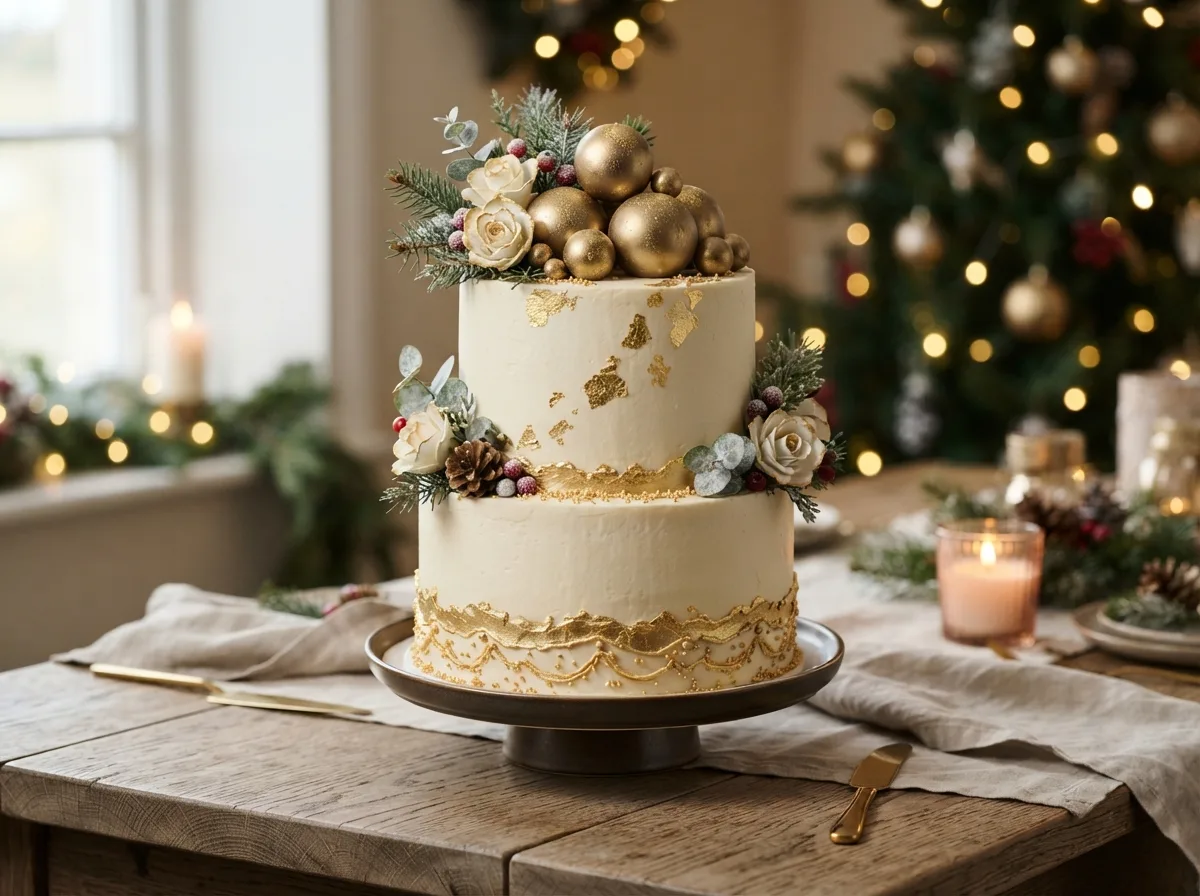 Elegant Gold and White Christmas Cake — 17 Creative Christmas Cake Ideas That Will Wow Your Guests — image 07