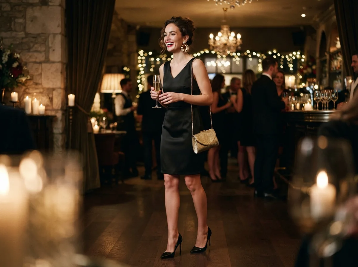 Little Black Dress With Gold Accessories — 18 Christmas Party Outfit Ideas That Will Turn Heads — image 07
