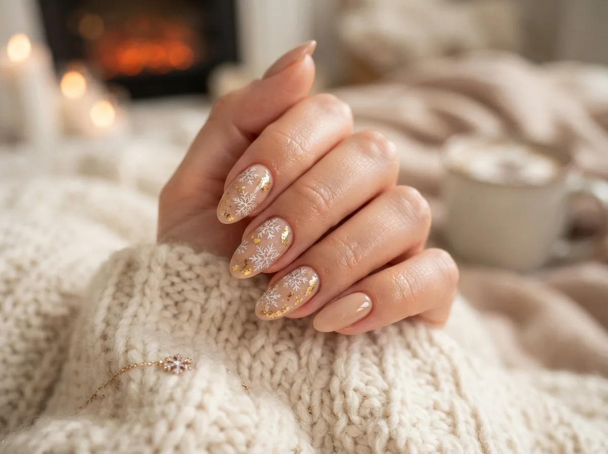 Nude Snowflake Nails With Gold Details — 16 Cozy Snowflake Nail Ideas for the Perfect Winter Vibe — image 07