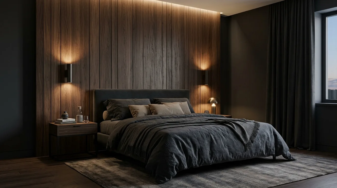 Dark Bedroom With Warm Wood Paneling — 15 Dark and Moody Bedroom Ideas for a Cozy Winter Ambiance — image 07
