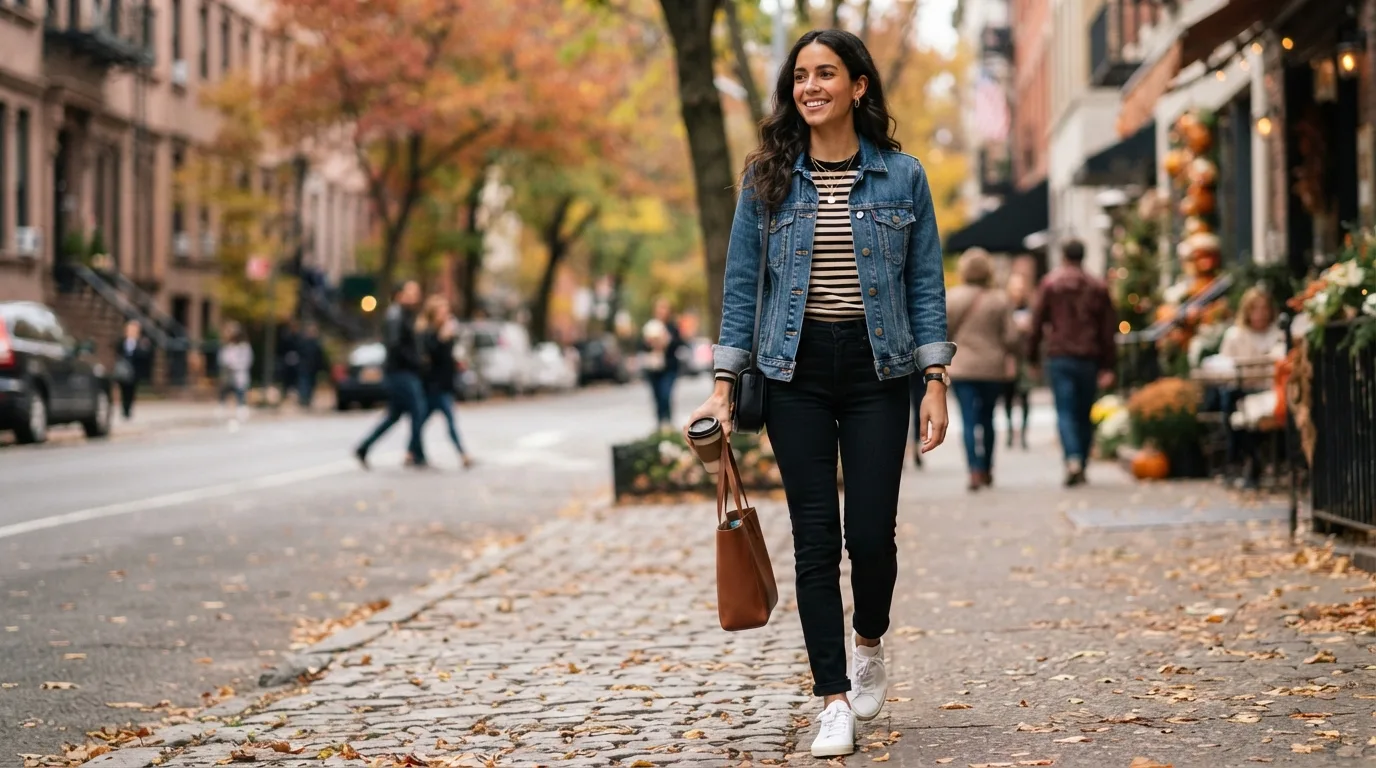 Denim Jacket, Striped Top, and Black Jeans — 17 Thanksgiving Outfit Ideas You'll Actually Want to Wear — image 08