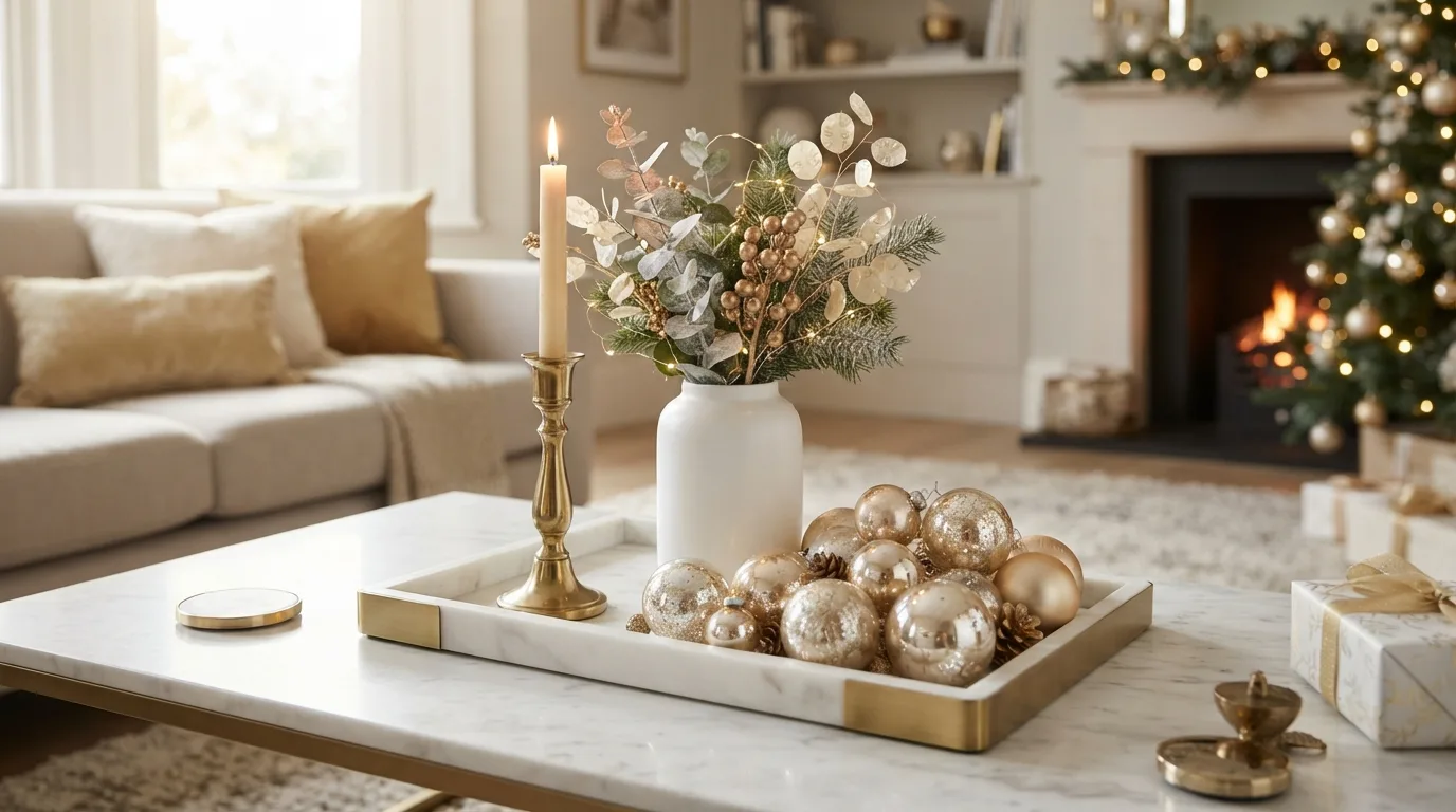 Elegant Gold and White Christmas Decor — 14 Cozy Christmas Coffee Table Decor Ideas You'll Love — image 08