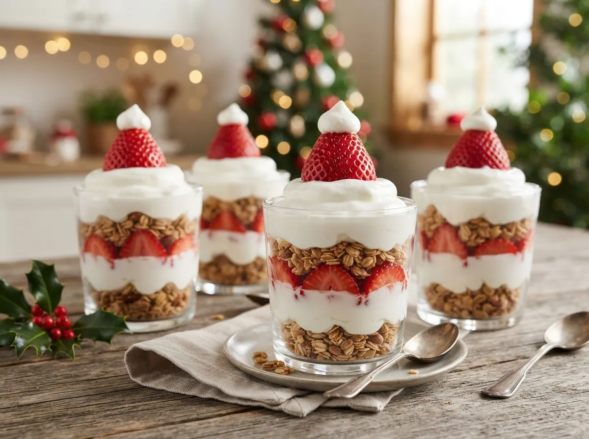 Santa Hat Strawberry Yogurt Parfaits — 14 Creative Christmas Breakfast Ideas Your Kids Will Love — image 08