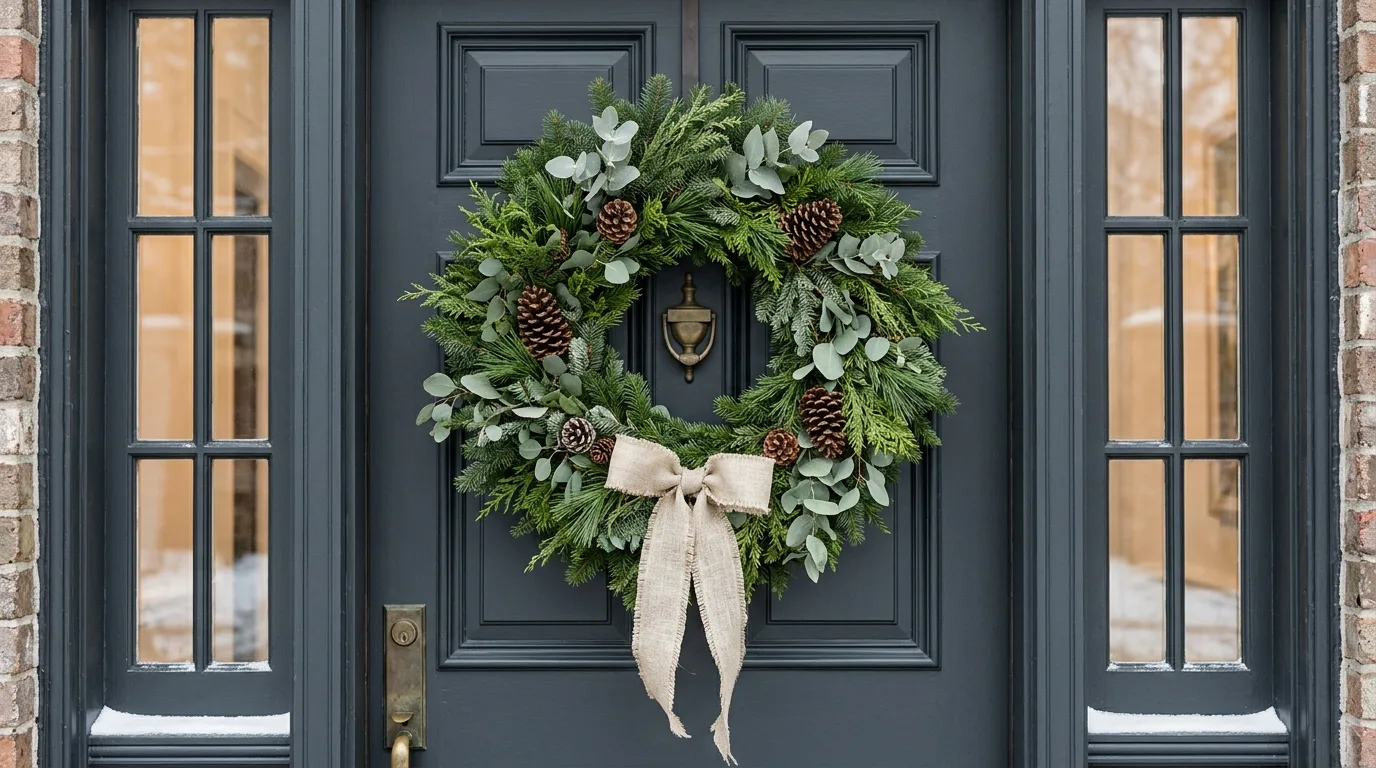 Hang a Winter Wreath on the Front Door — 17 Cozy Front Porch Ideas for Relaxing Winter Evenings — image 08