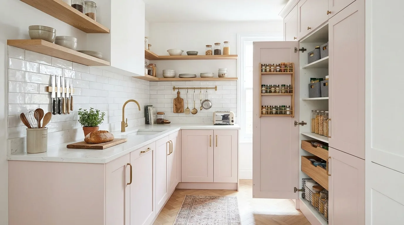 Small Pink Kitchen With Smart Storage — 14 Stunning Pink Kitchen Design Ideas for a Warm and Stylish Home — image 08
