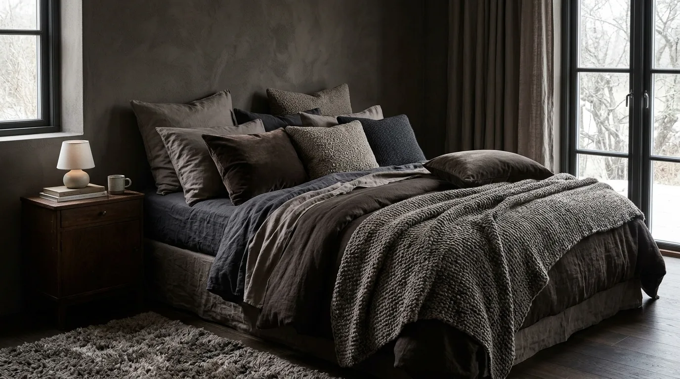 Moody Bedroom With Layered Winter Textures — 15 Dark and Moody Bedroom Ideas for a Cozy Winter Ambiance — image 08