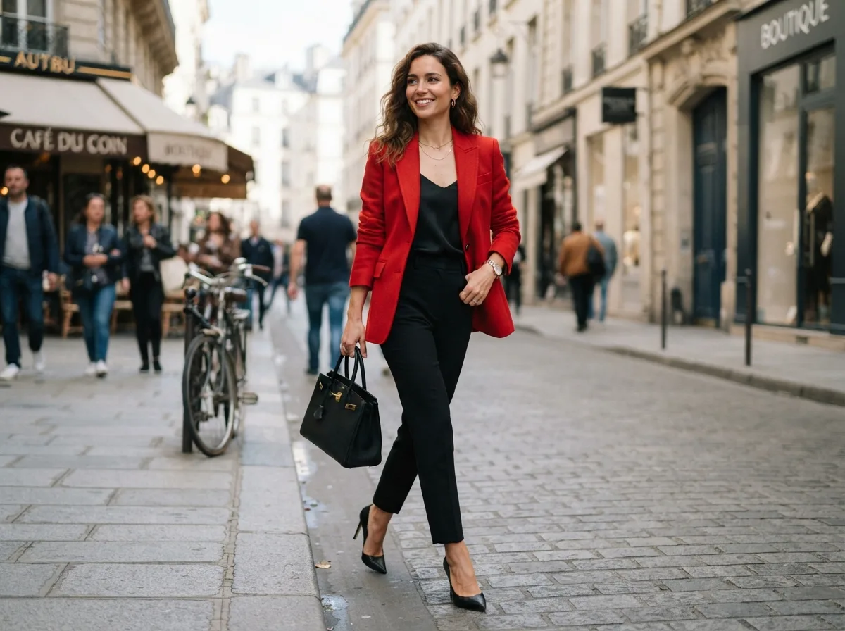 Red Blazer With Tailored Trousers — 18 Christmas Party Outfit Ideas That Will Turn Heads — image 09