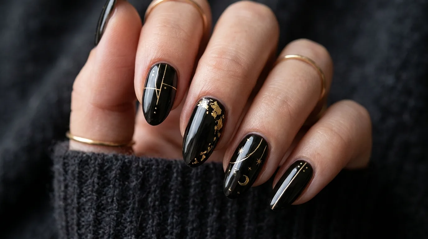 Black Nails With Gold Details — 16 Best Winter Nail Ideas to Celebrate the Season in Style — image 09