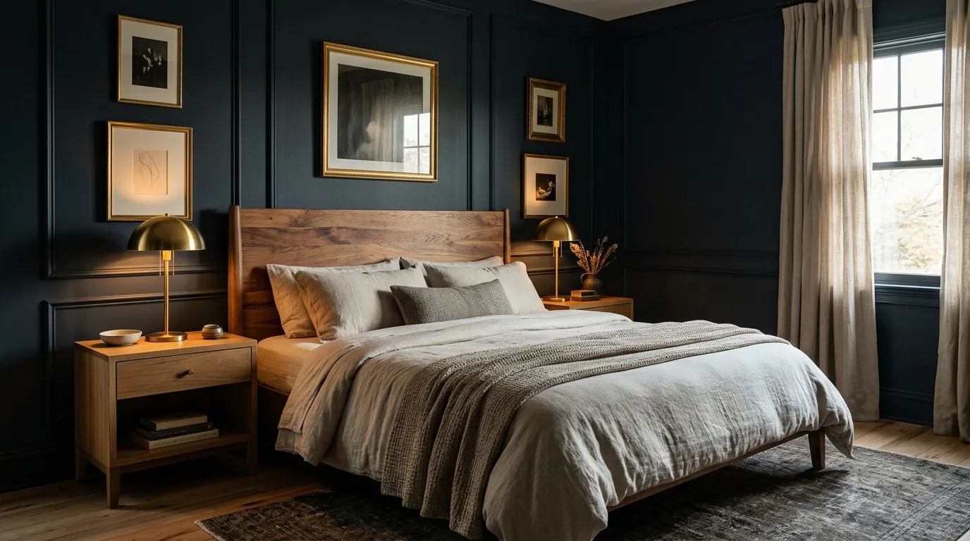 Dark Bedroom With Brass and Gold Accents — 15 Dark and Moody Bedroom Ideas for a Cozy Winter Ambiance — image 09
