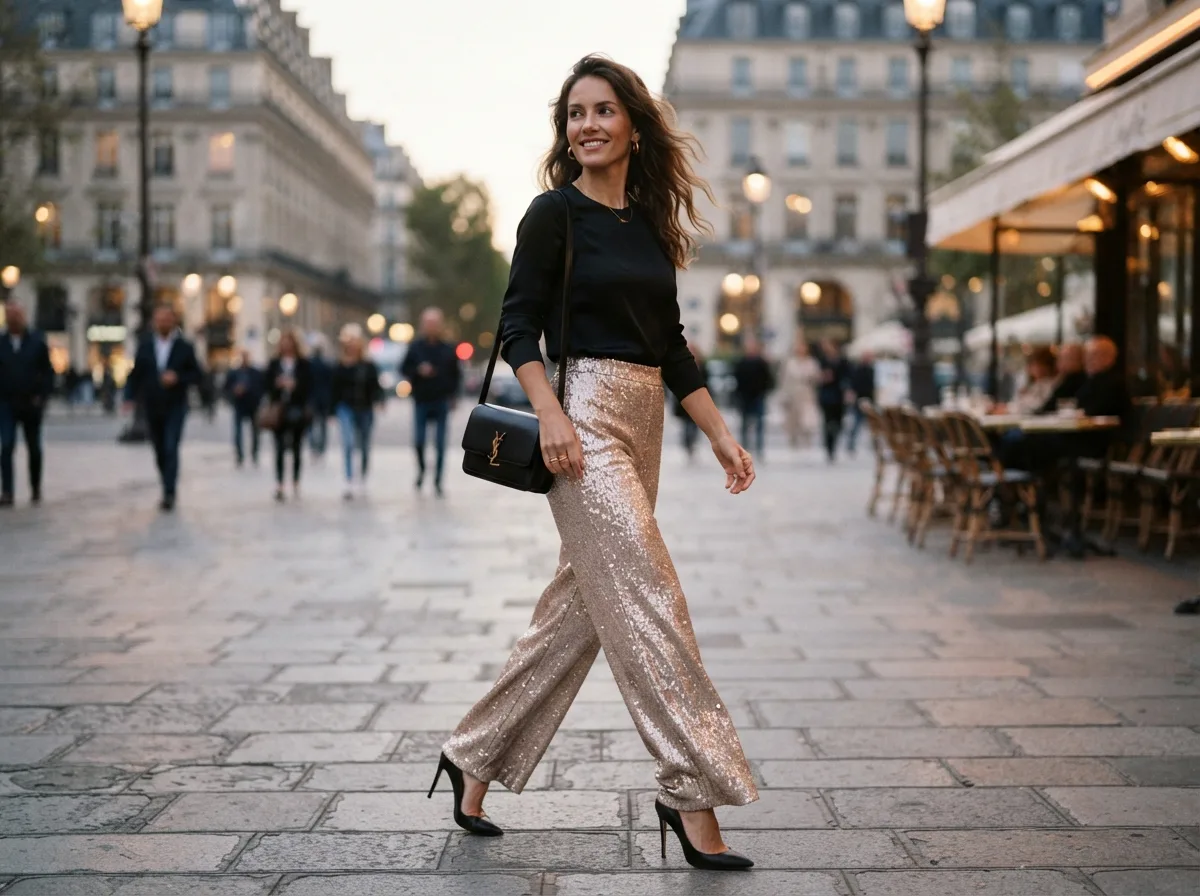 Sequin Wide-Leg Trousers and a Simple Blouse — 18 Christmas Party Outfit Ideas That Will Turn Heads — image 10