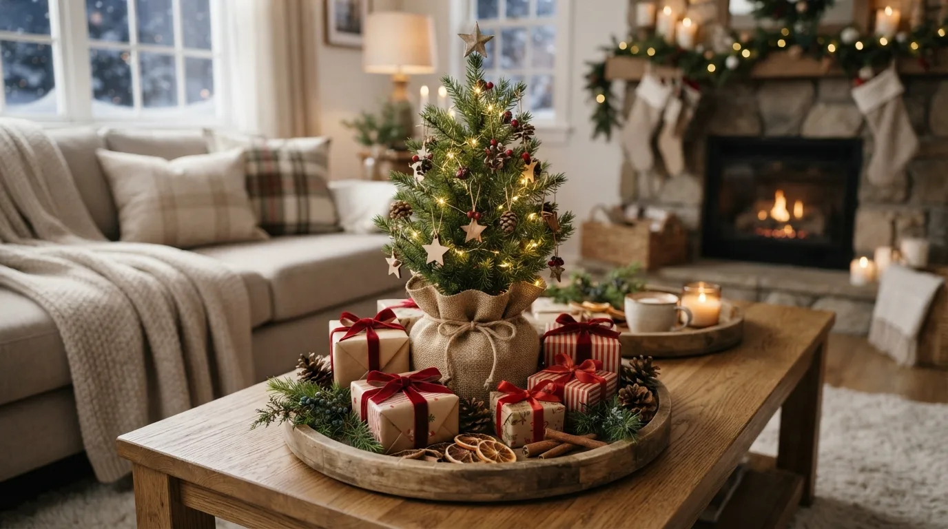 Small Christmas Tree Centerpiece — 14 Cozy Christmas Coffee Table Decor Ideas You'll Love — image 10