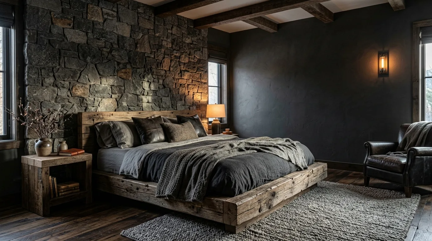 Rustic Dark Bedroom With Stone and Wood Details — 15 Dark and Moody Bedroom Ideas for a Cozy Winter Ambiance — image 10