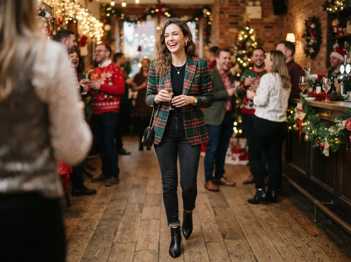 Festive Plaid Blazer and Black Jeans — 18 Christmas Party Outfit Ideas That Will Turn Heads — image 11