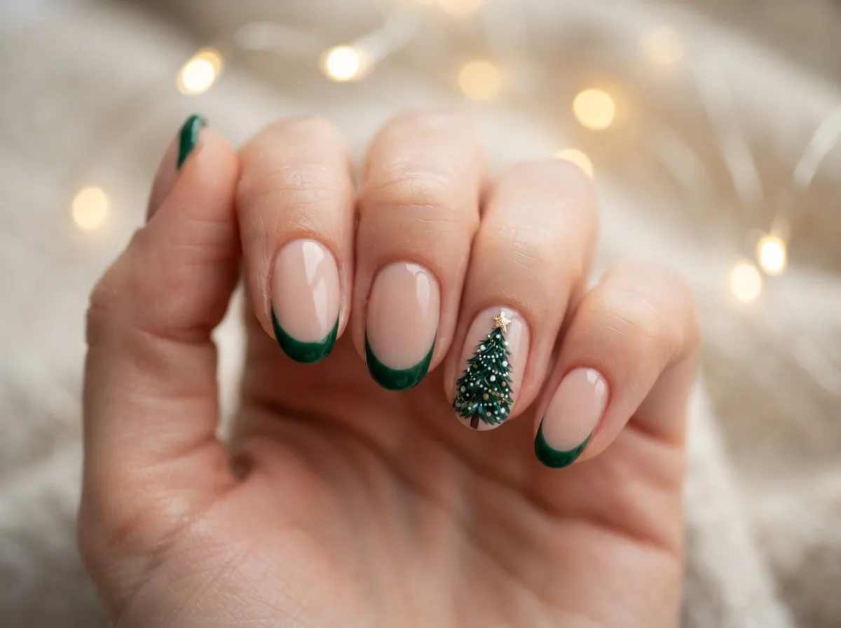 French Tips With Tiny Christmas Trees — 16 French Christmas Nail Ideas for Effortless Elegance — image 11