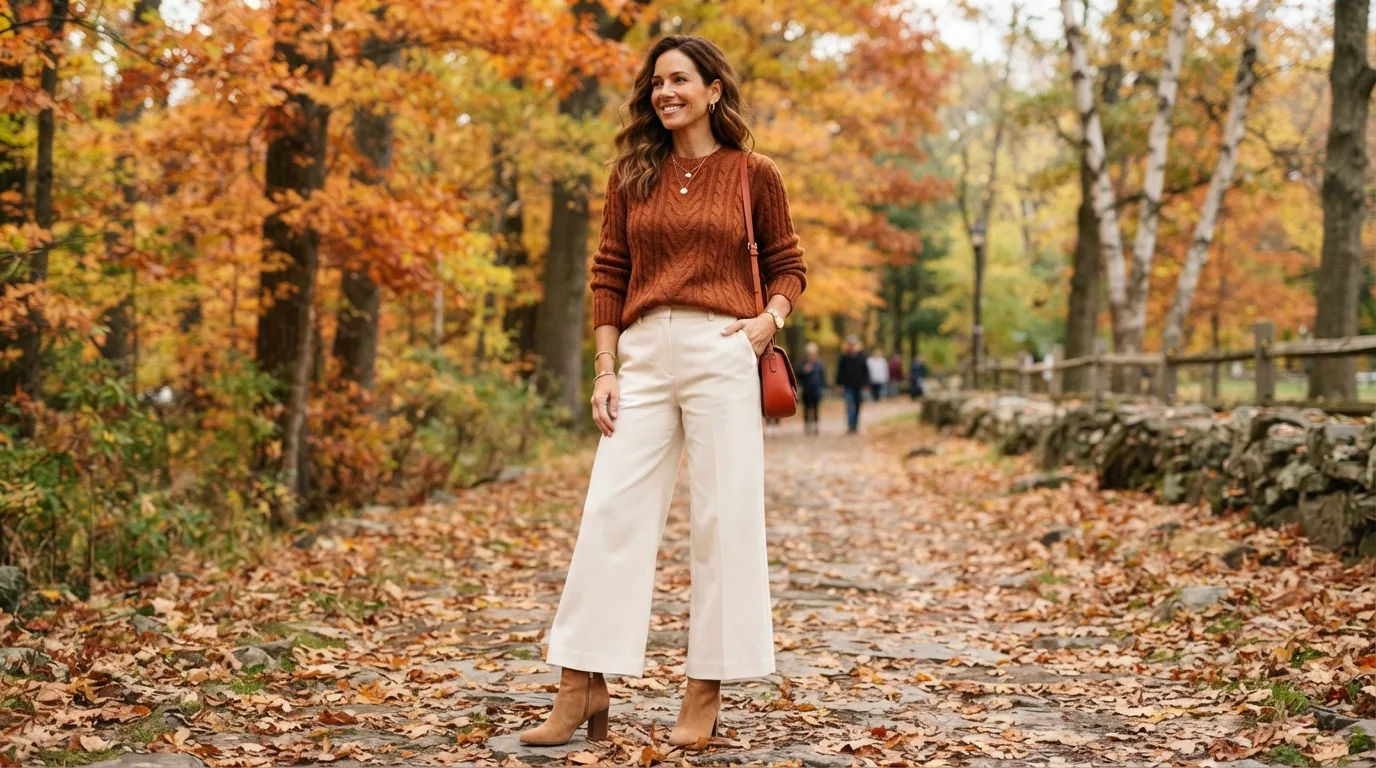 Rust-Colored Sweater and Cream Pants — 17 Thanksgiving Outfit Ideas You'll Actually Want to Wear — image 11