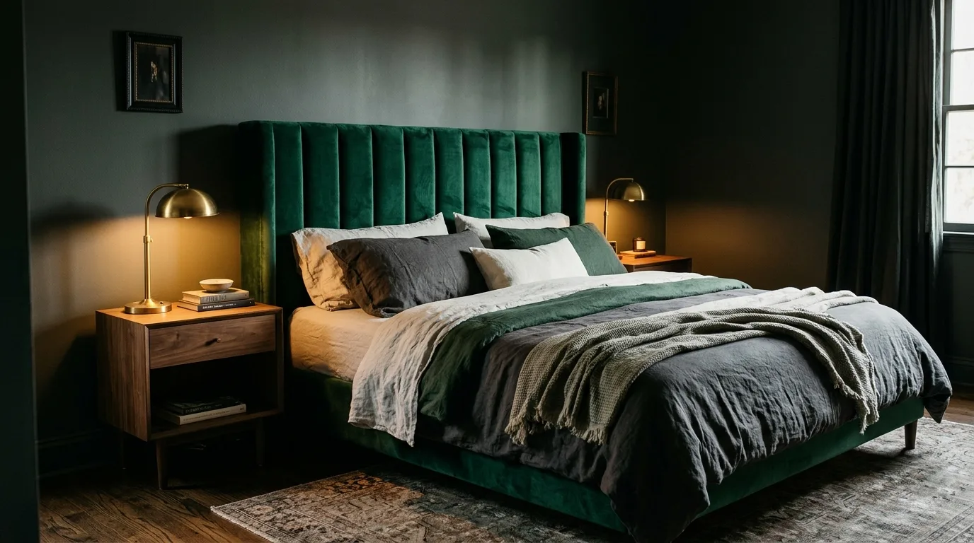 Moody Bedroom With Velvet Upholstery — 15 Dark and Moody Bedroom Ideas for a Cozy Winter Ambiance — image 11