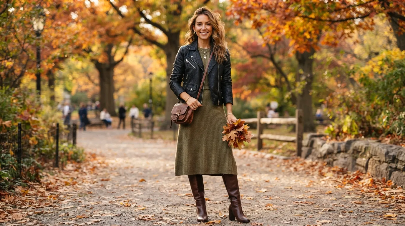 Leather Jacket and Knit Dress — 17 Thanksgiving Outfit Ideas You'll Actually Want to Wear — image 12