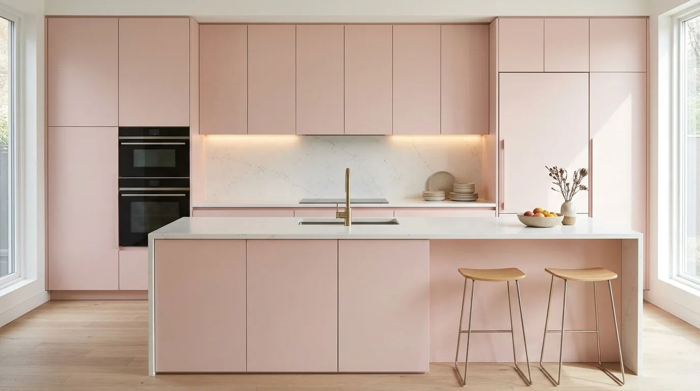 Minimalist Pink Kitchen With Handleless Cabinets — 14 Stunning Pink Kitchen Design Ideas for a Warm and Stylish Home — image 12