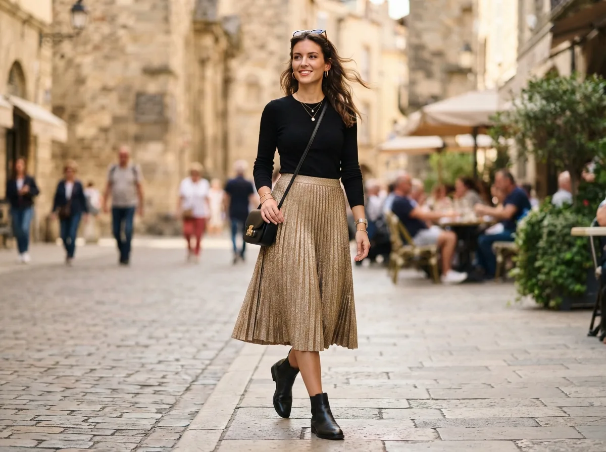 Gold Metallic Pleated Skirt — 18 Christmas Party Outfit Ideas That Will Turn Heads — image 13