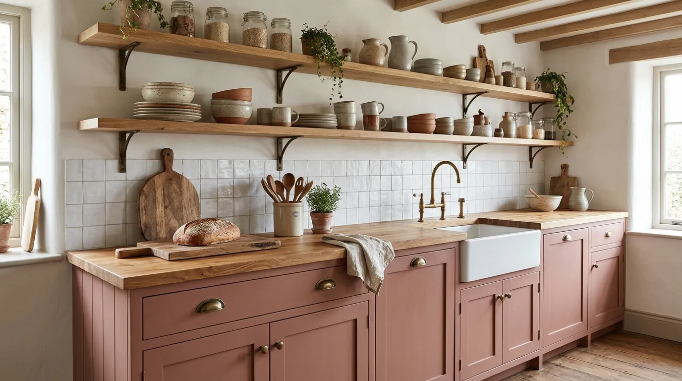Pink Farmhouse Kitchen With Open Shelving — 14 Stunning Pink Kitchen Design Ideas for a Warm and Stylish Home — image 13