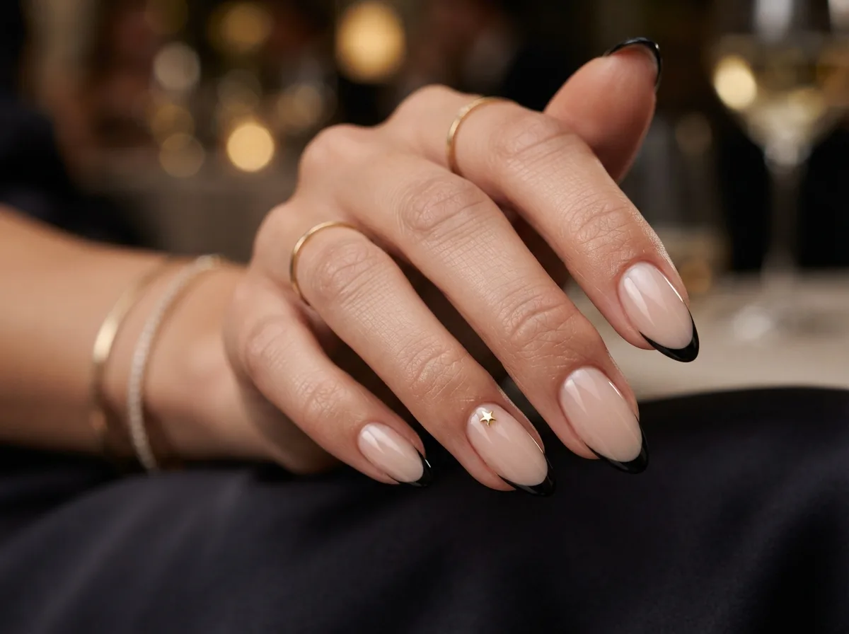 Black French Tips With Gold Details — 16 French Christmas Nail Ideas for Effortless Elegance — image 14