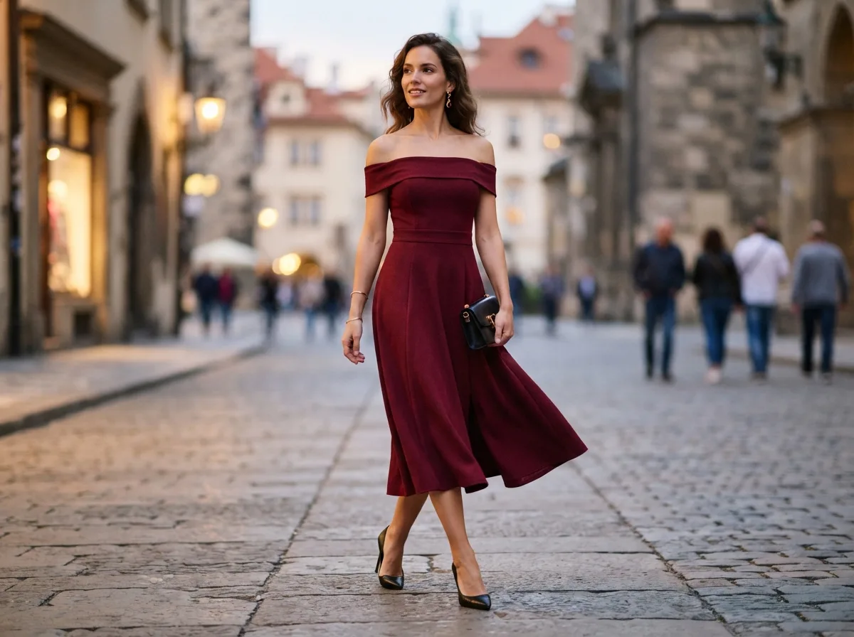 Off-the-Shoulder Burgundy Dress — 18 Christmas Party Outfit Ideas That Will Turn Heads — image 14