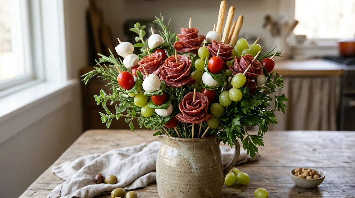 Charcuterie Bouquet With Salami and Mozzarella Skewers — 18 Charcuterie Bouquet Ideas for Cozy Winter Gatherings — image 14