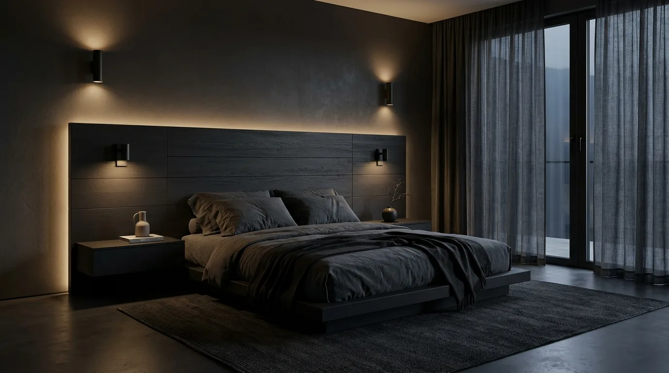 Minimalist Dark Bedroom With Clean Lines — 15 Dark and Moody Bedroom Ideas for a Cozy Winter Ambiance — image 14